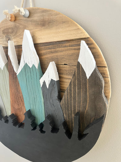 Reclaimed Wood Hanging Round with Mountains