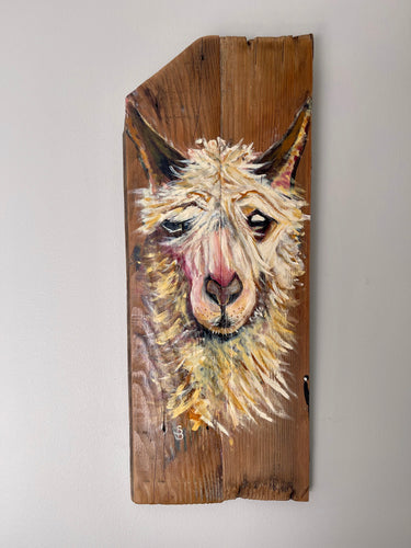 Original Alpaca animal painting on reclaimed wood