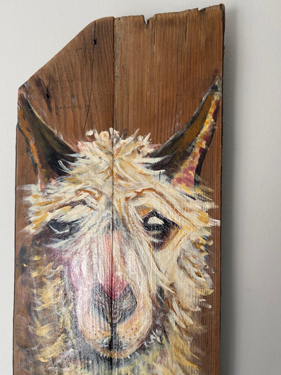 Arrogant Allister Alpaca Animal Art on Reclaimed Wood